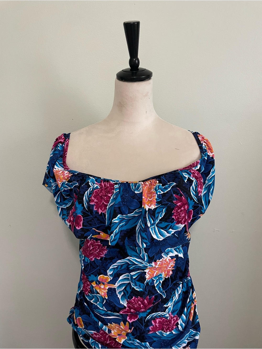 Floral Navy One-Piece Swim Suit with Off-Shoulder Detail - Picture 1 of 7
